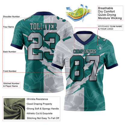 Custom Teal Gray-Navy Mesh Authentic Gradient Fashion Scratch Football Jersey