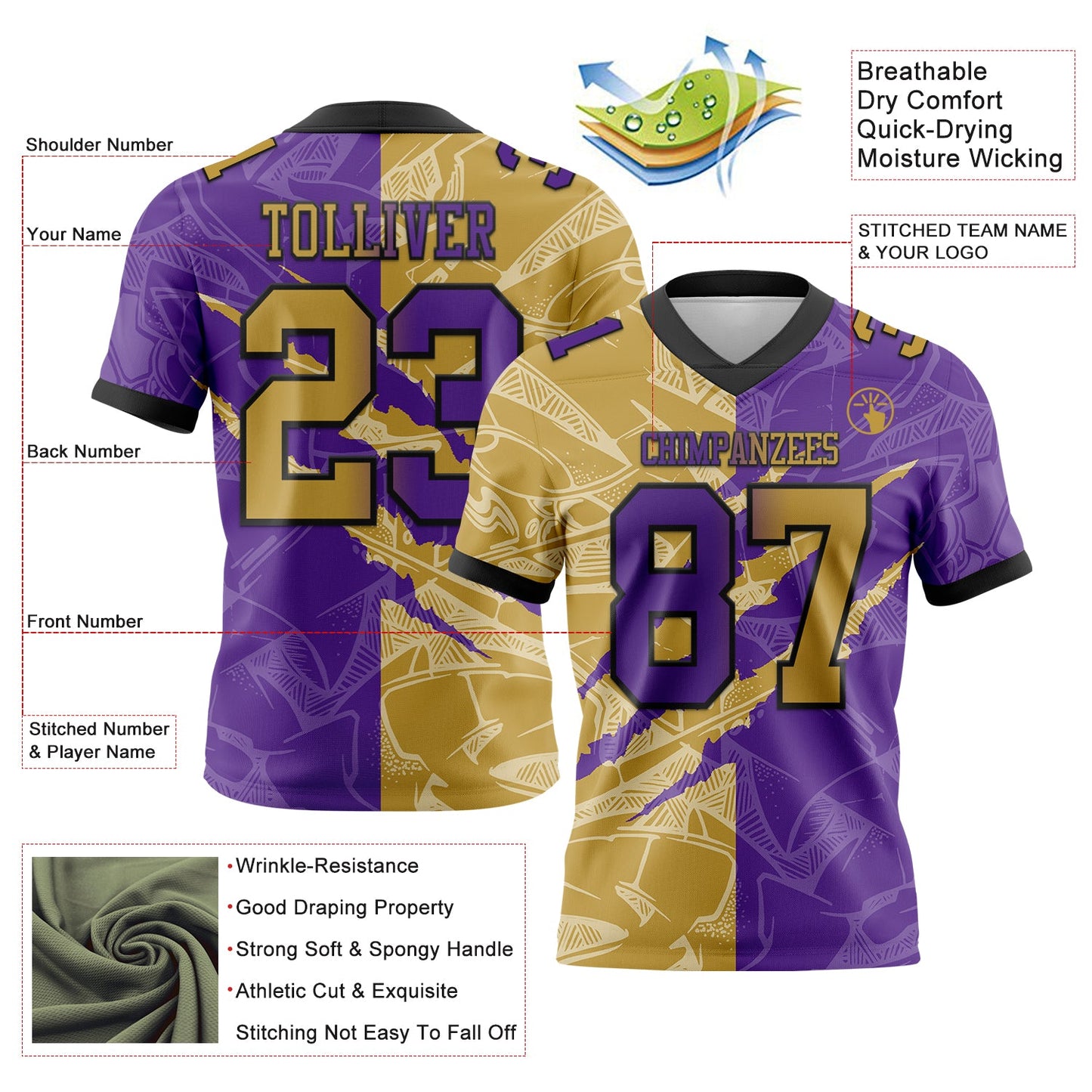 Custom Purple Old Gold-Black Mesh Authentic Gradient Fashion Scratch Football Jersey