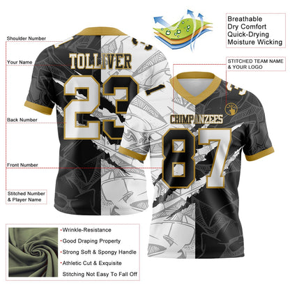 Custom Black White-Old Gold Mesh Authentic Gradient Fashion Scratch Football Jersey