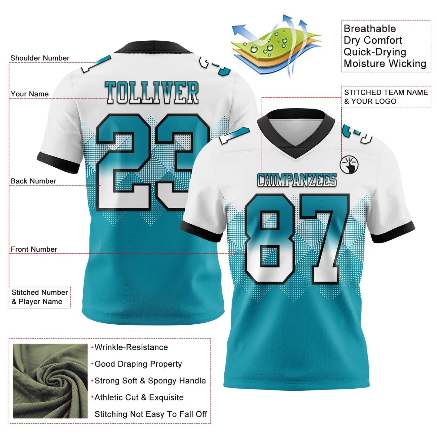 Custom White Teal-Black Mesh Authentic Gradient Square Shape Flag Football Jersey