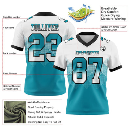 Custom White Teal-Black Mesh Authentic Gradient Square Shape Flag Football Jersey