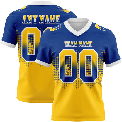 Custom Royal Yellow-White Mesh Authentic Gradient Square Shape Flag Football Jersey