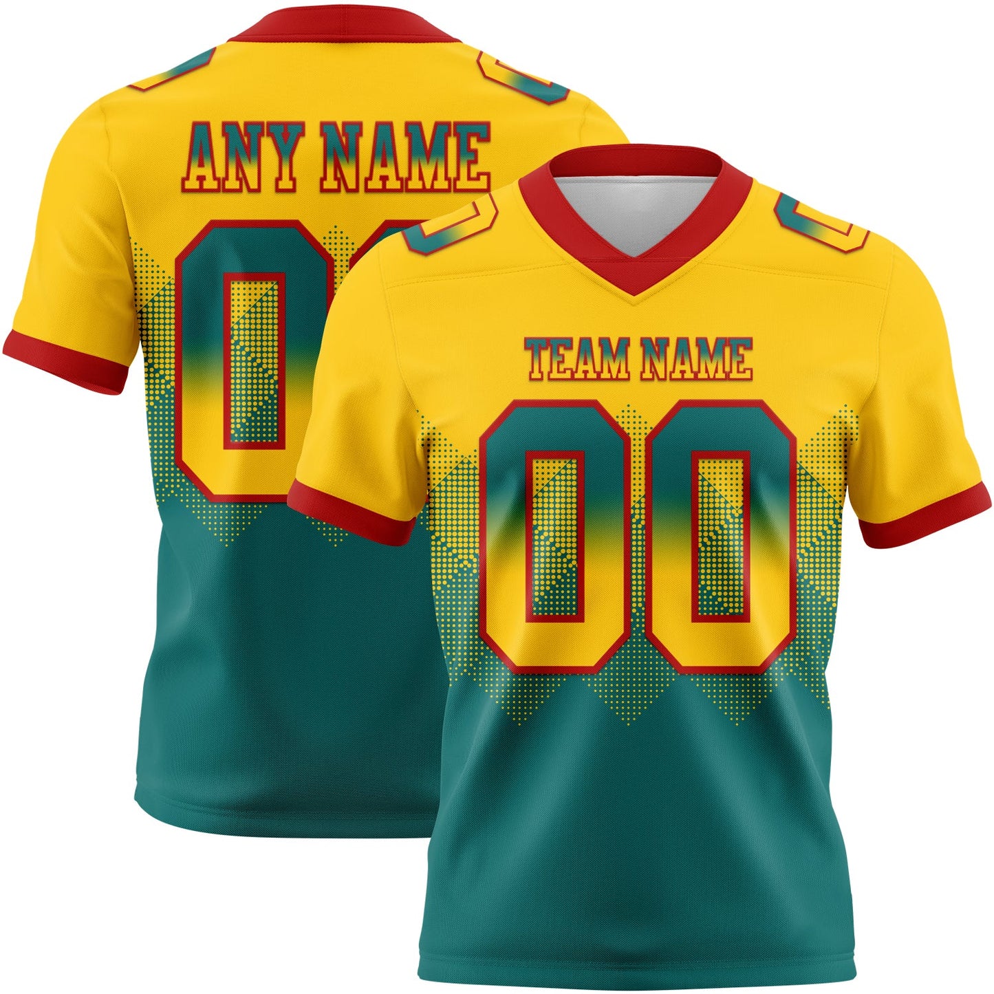 Custom Yellow Teal-Red Mesh Authentic Gradient Square Shape Flag Football Jersey