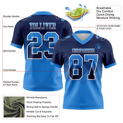 Custom Navy Powder Blue-White Mesh Authentic Gradient Square Shape Flag Football Jersey