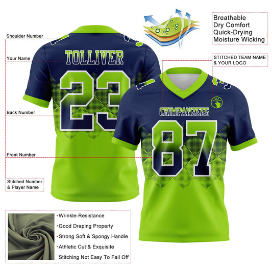 Custom Navy Neon Green-White Mesh Authentic Gradient Square Shape Flag Football Jersey