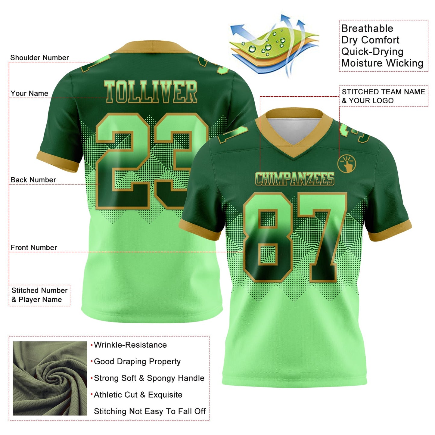 Custom Green Pea Green-Old Gold Mesh Authentic Gradient Square Shape Flag Football Jersey