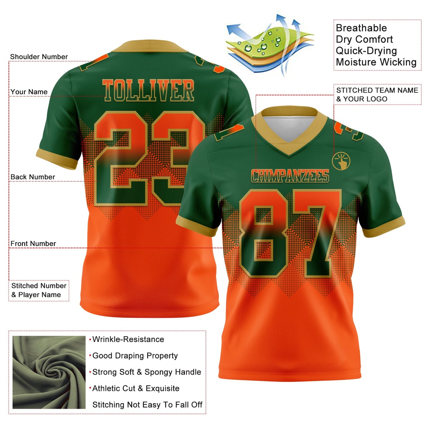 Custom Green Orange-Old Gold Mesh Authentic Gradient Square Shape Flag Football Jersey