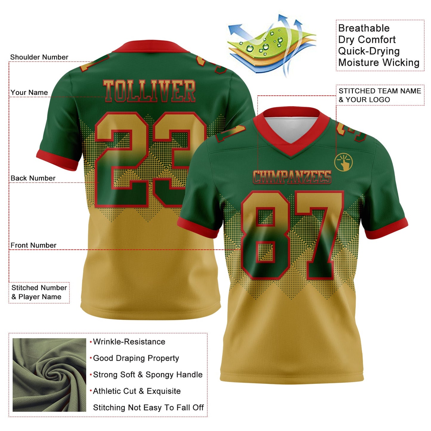 Custom Green Old Gold-Red Mesh Authentic Gradient Square Shape Flag Football Jersey