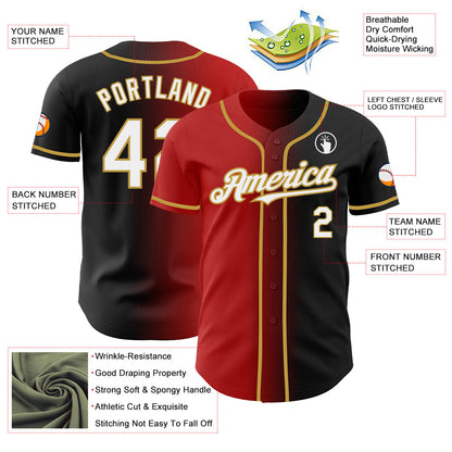 Custom Black White Red-Old Gold Authentic Gradient Fashion Baseball Jersey