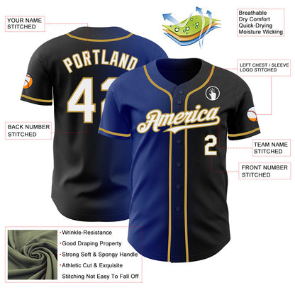 Custom Black White Royal-Old Gold Authentic Gradient Fashion Baseball Jersey