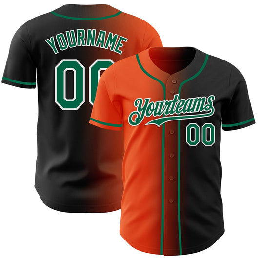 Custom Black Kelly Green Orange-White Authentic Gradient Fashion Baseball Jersey