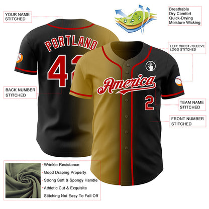 Custom Black Red Old Gold-White Authentic Gradient Fashion Baseball Jersey
