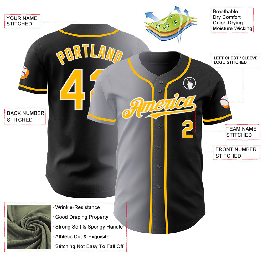 Custom Black Gold Gray-White Authentic Gradient Fashion Baseball Jersey
