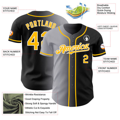 Custom Black Gold Gray-White Authentic Gradient Fashion Baseball Jersey