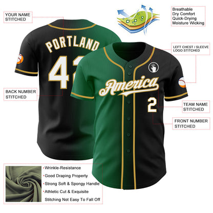 Custom Black White Kelly Green-Old Gold Authentic Gradient Fashion Baseball Jersey