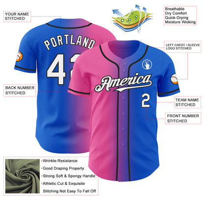 Custom Thunder Blue White Pink-Black Authentic Gradient Fashion Baseball Jersey