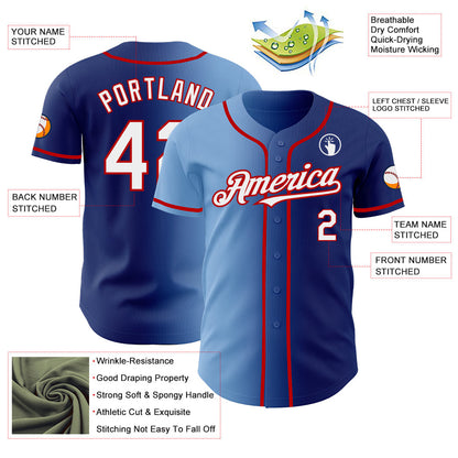 Custom Royal White Light Blue-Red Authentic Gradient Fashion Baseball Jersey