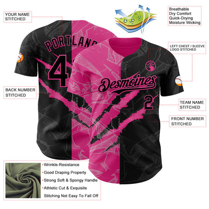 Custom Graffiti Pattern Black-Pink 3D Scratch Authentic Baseball Jersey