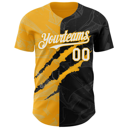 Custom Graffiti Pattern White Black-Gold 3D Scratch Authentic Baseball Jersey