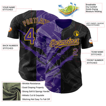 Custom Graffiti Pattern Purple Black-Yellow 3D Scratch Authentic Baseball Jersey