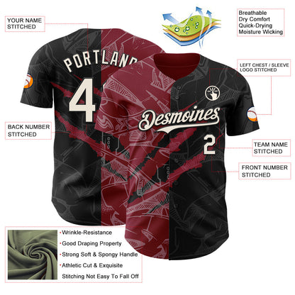 Custom Graffiti Pattern Cream Black-Crimson 3D Scratch Authentic Baseball Jersey