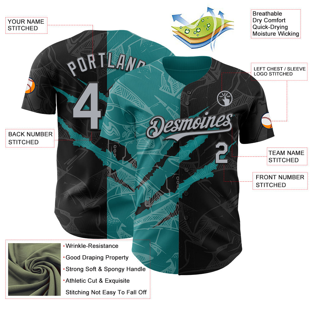 Custom Graffiti Pattern Gray Black-Teal 3D Scratch Authentic Baseball Jersey