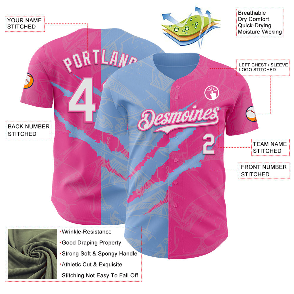 Custom Graffiti Pattern White Pink-Light Blue 3D Scratch Authentic Baseball Jersey