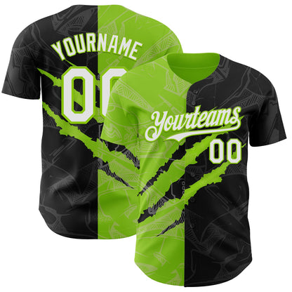 Custom Graffiti Pattern White Black-Neon Green 3D Scratch Authentic Baseball Jersey
