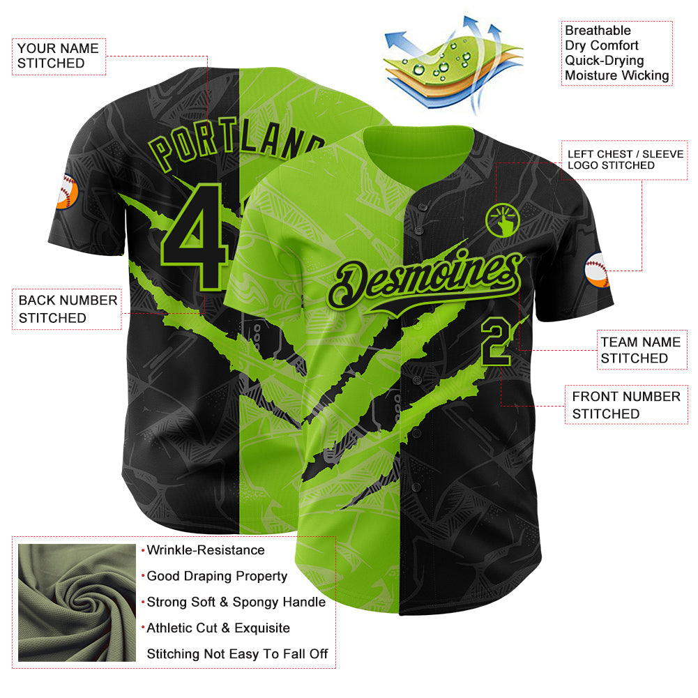 Custom Graffiti Pattern Black-Neon Green 3D Scratch Authentic Baseball Jersey