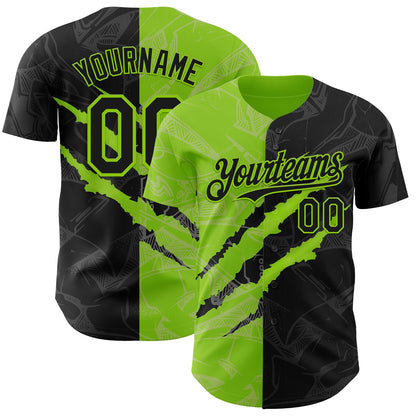Custom Graffiti Pattern Black-Neon Green 3D Scratch Authentic Baseball Jersey