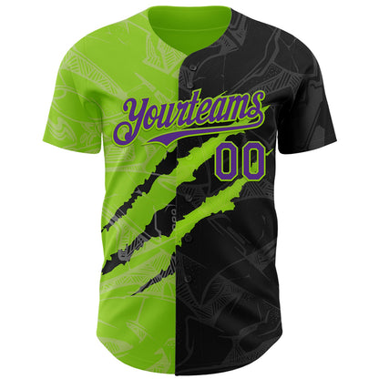 Custom Graffiti Pattern Purple Black-Neon Green 3D Scratch Authentic Baseball Jersey