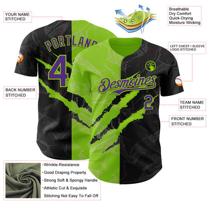 Custom Graffiti Pattern Purple Black-Neon Green 3D Scratch Authentic Baseball Jersey