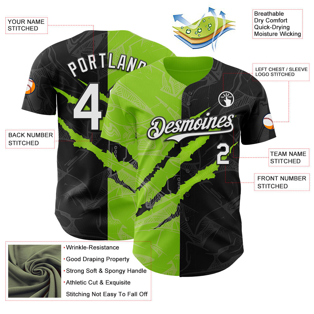 Custom Graffiti Pattern White Black-Neon Green 3D Scratch Authentic Baseball Jersey