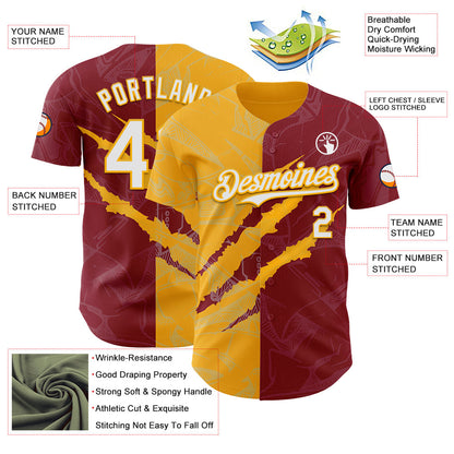 Custom Graffiti Pattern White Crimson-Gold 3D Scratch Authentic Baseball Jersey