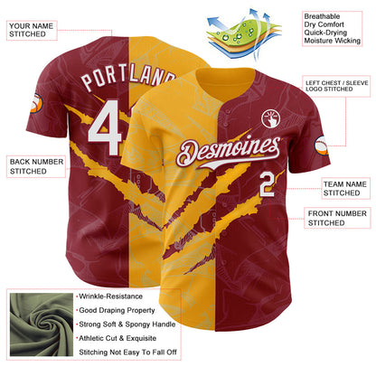 Custom Graffiti Pattern White Crimson-Gold 3D Scratch Authentic Baseball Jersey