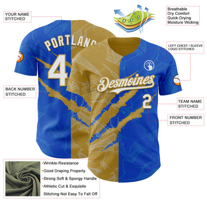 Custom Graffiti Pattern White Thunder Blue-Old Gold 3D Scratch Authentic Baseball Jersey