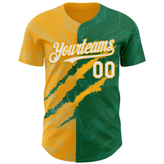 Custom Graffiti Pattern White Kelly Green-Gold 3D Scratch Authentic Baseball Jersey