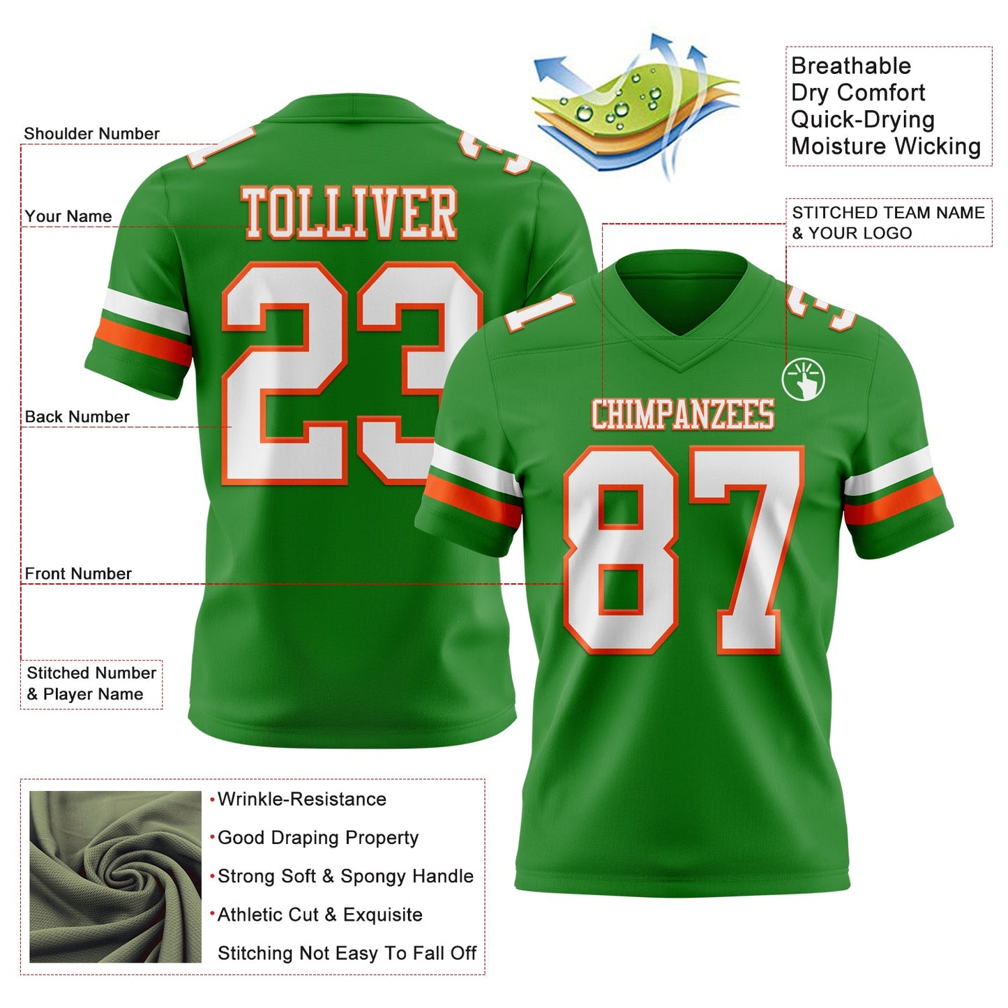 Custom Grass Green White-Orange Mesh Authentic Football Jersey
