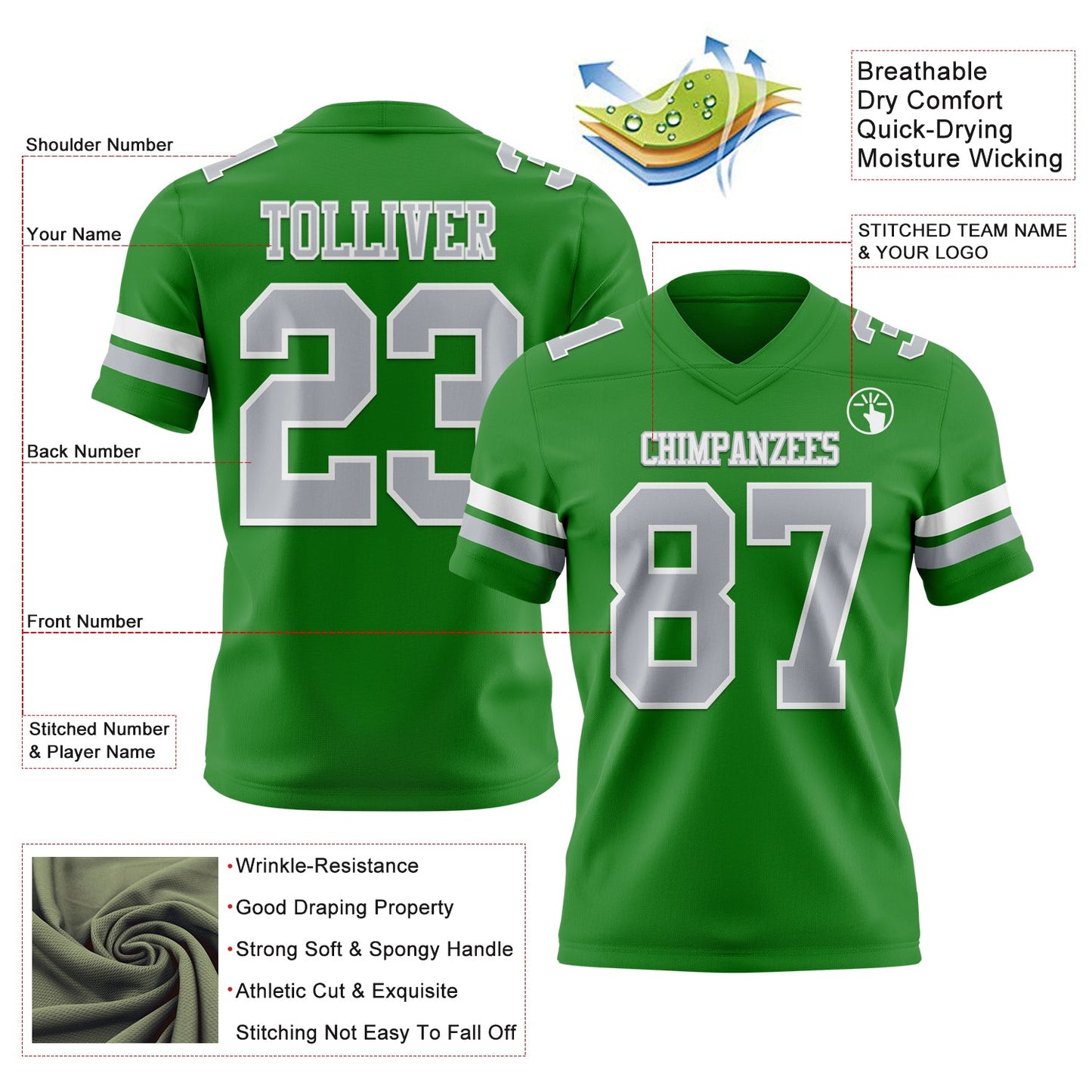 Custom Grass Green Gray-White Mesh Authentic Football Jersey