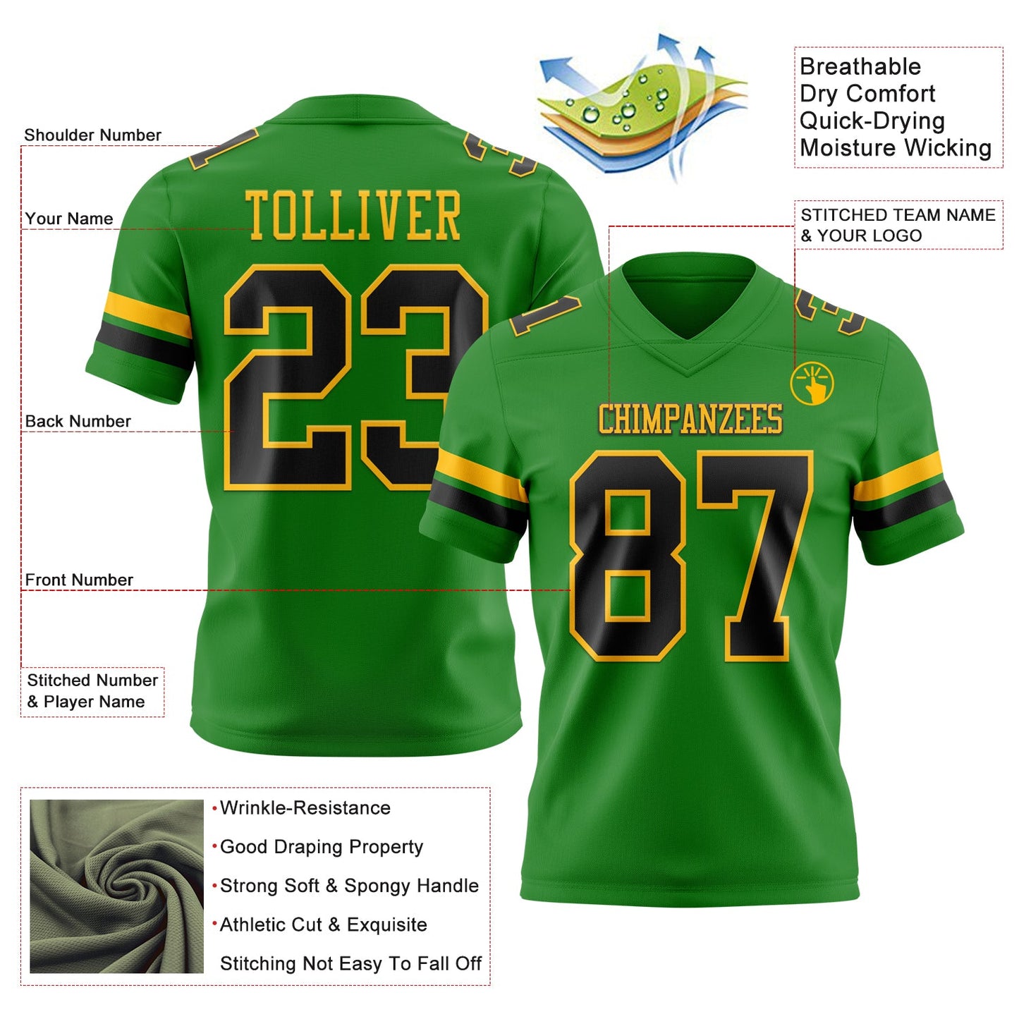 Custom Grass Green Black-Gold Mesh Authentic Football Jersey