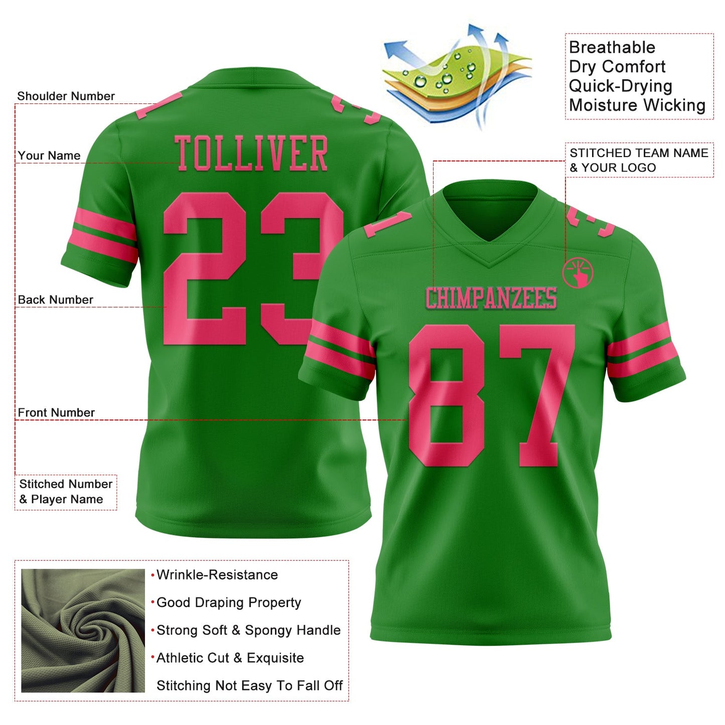 Custom Grass Green Neon Pink Mesh Authentic Football Jersey