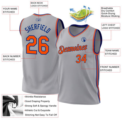Custom Gray Orange-Royal Authentic Throwback Basketball Jersey