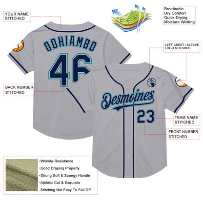 Custom Gray Navy-Teal Mesh Authentic Throwback Baseball Jersey