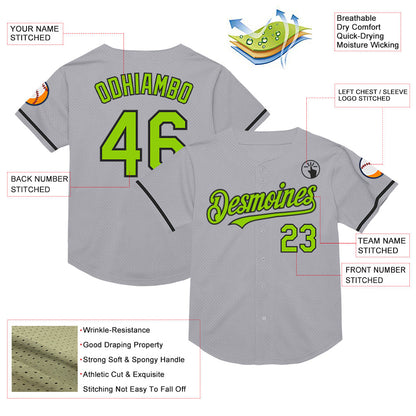 Custom Gray Neon Green-Black Mesh Authentic Throwback Baseball Jersey