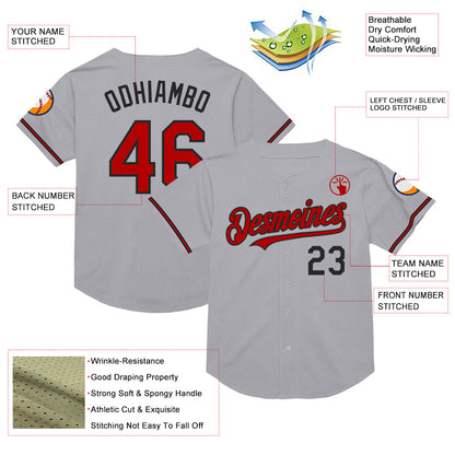 Custom Gray Red-Black Mesh Authentic Throwback Baseball Jersey