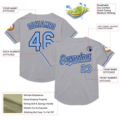 Custom Gray Light Blue-Navy Mesh Authentic Throwback Baseball Jersey