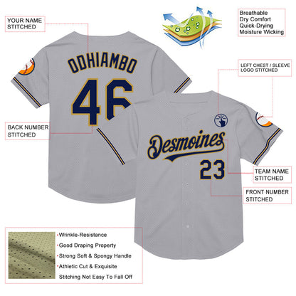 Custom Gray Navy-Old Gold Mesh Authentic Throwback Baseball Jersey