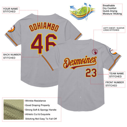 Custom Gray Crimson-Yellow Mesh Authentic Throwback Baseball Jersey