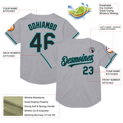 Custom Gray Black-Teal Mesh Authentic Throwback Baseball Jersey