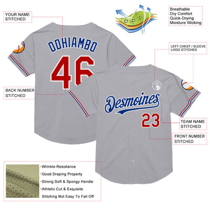 Custom Gray Red-Royal Mesh Authentic Throwback Baseball Jersey